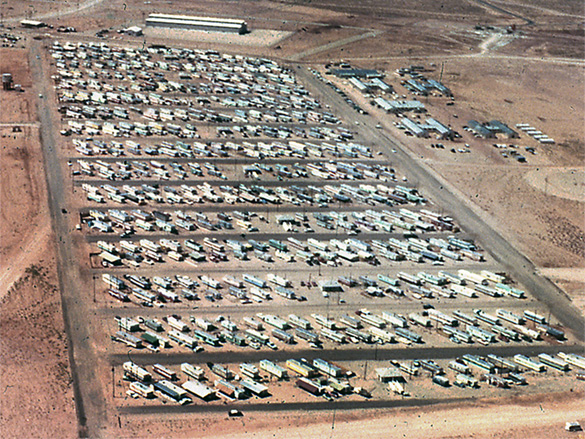 >Aerial view of trailer park housing for workers - 1958