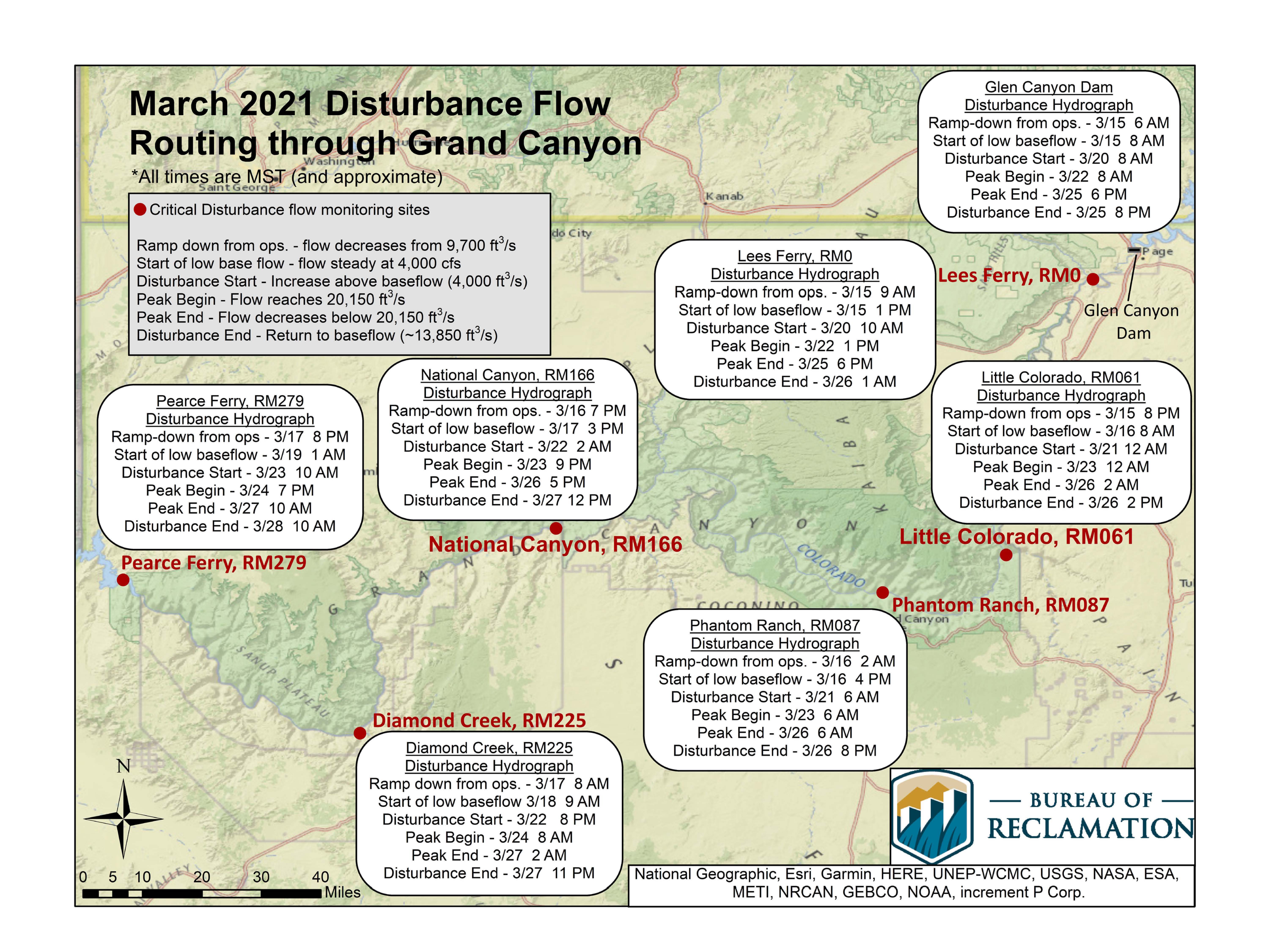 A map of the Colorado River between Glen Canyon Dam and Lake Mead is shown with information on when the spring disturbance flow will arrive at different river locations.
