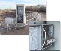 two photos that show the water measurement control box and circuitry at canal site