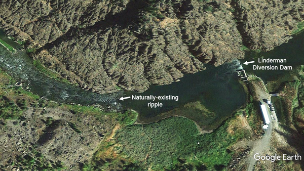 Google Earth satellite photo from 1985 showing Linderman Diversion Dam and the riffle downriver.