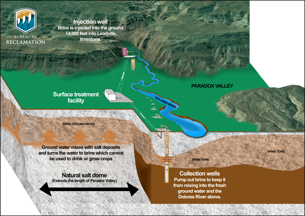 Illustration shows the Paradox Valley with the Dolores River running through the middle. On the left side of the river there are collection wells along the river and farther to the left is a warehouse building representing the Paradox surface treatment facility and injection well. Underground you can see the layer of brine ground water and the natural salt dome that extends the length of the Paradox Valley.  